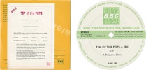 Top of the Pops - 1081 (issued 1985). July 24th 1985. Includes "In-between days". BBC Transcription Services with original green label with cue sheet. - Thanks to Cure1980